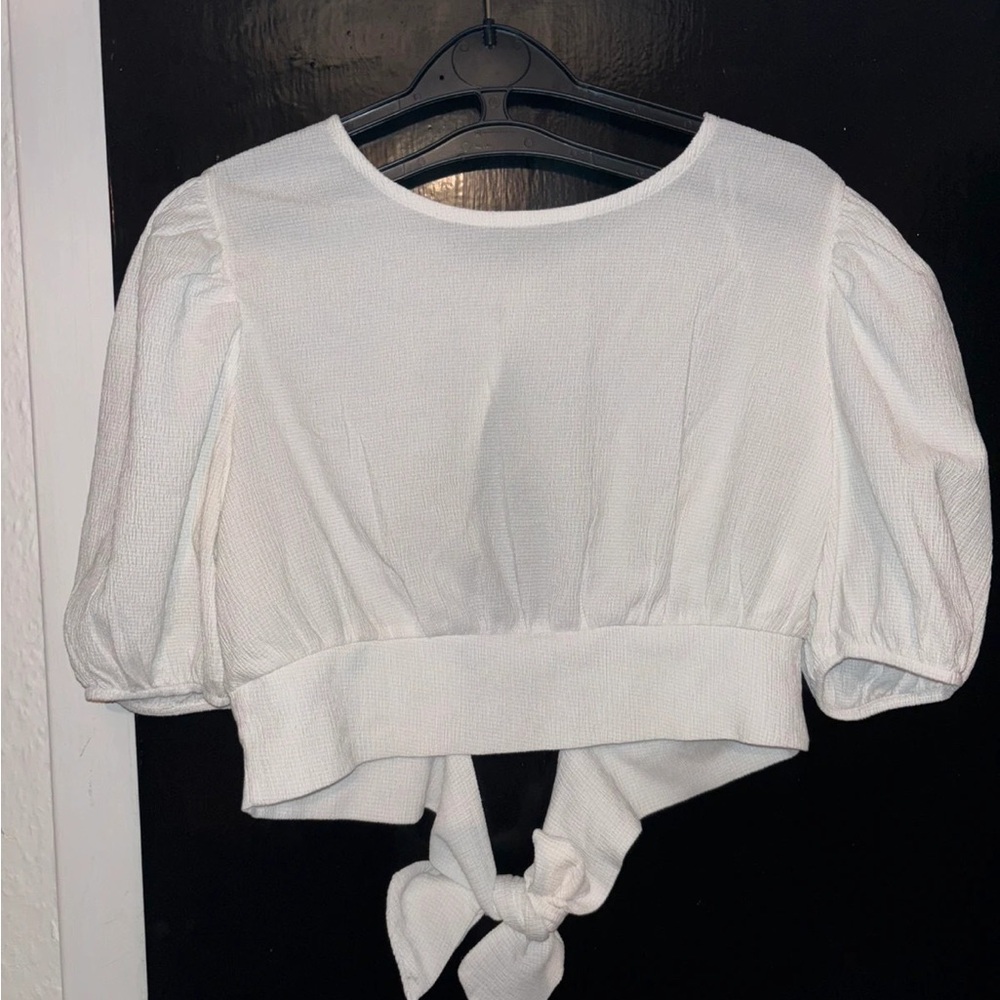 Zara White Puff Sleeve Blouse with Tie Back